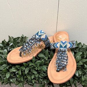 Sam Edelman Blue Beaded Fringe T-Strap Sandals Size 6.5